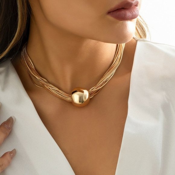 Gold Twisted Multi Chain Exaggerated Sphere Ball Statement Choker Necklace NEW - Picture 3 of 9